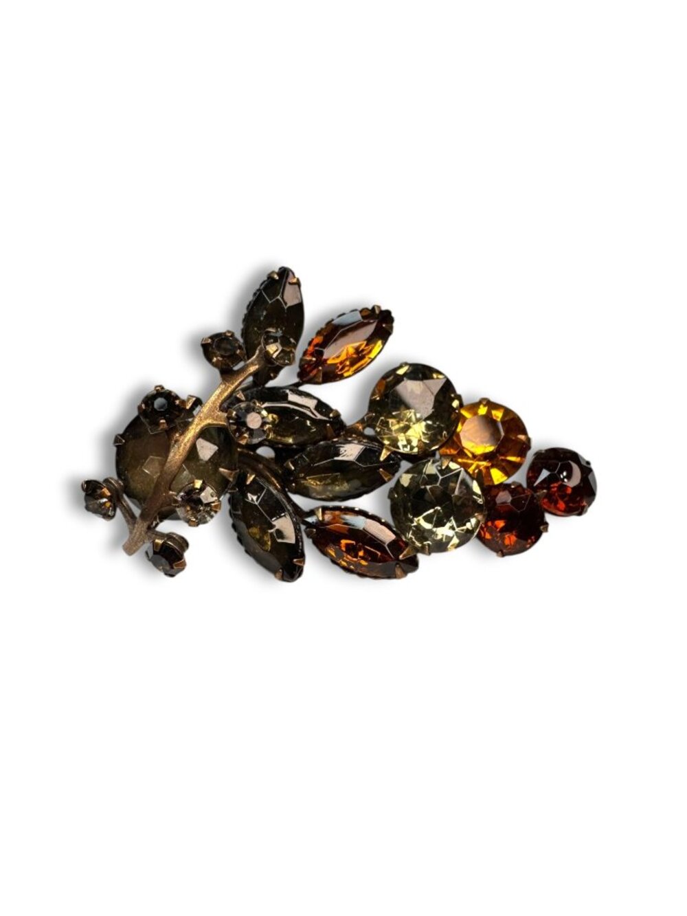 Molded Glass Rhinestone Brooch Amber Topaz Riveted UV Reactive Vintage